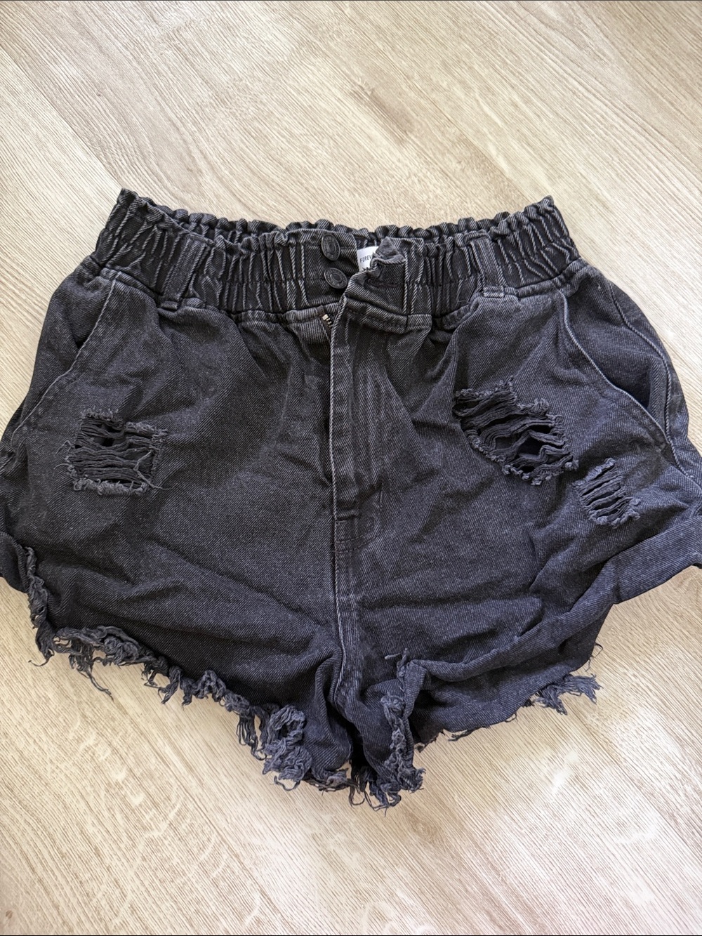 Forever 21 Black Distressed Paperbag Waist Denim Shorts